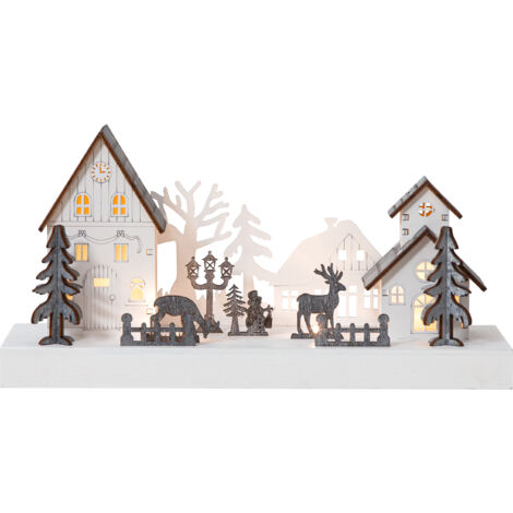 LED Weihnachtsdorf aus Holz, warmweiß, Timer, batteriebetrieben
