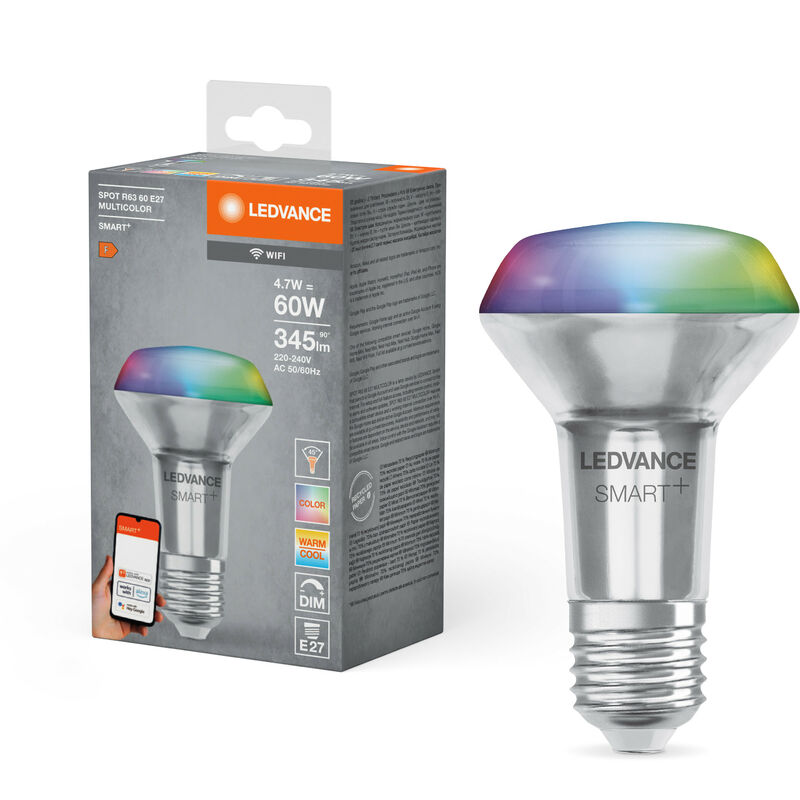 LEDVANCE Lampe LED intelligente avec technologie WiFi, douille E27,  dimmable, couleur de la lumière variable (2700-6500K), couleurs RVB  modifiables