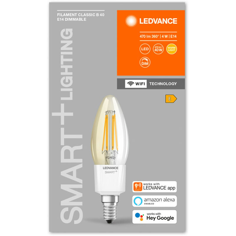 LEDVANCE Ampoule LED avec Wifi, E14, gradable, blanc chaud (2700K), forme  de bougie, filament clair, remplacement des ampoules de 40W, contrôlable  avec Alexa, Google et App, 1-pack