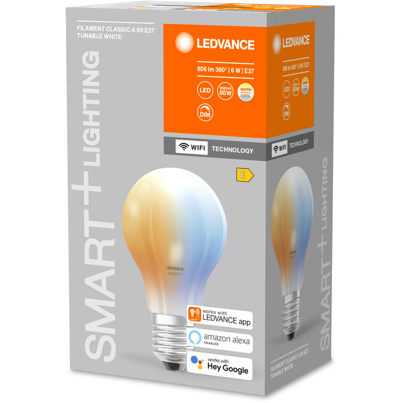 LEDVANCE Lampe LED intelligente avec technologie WiFi, E27-base, verre  dépoli ,Couleur de lumière modifiable (2700K-6500K), 806 Lumen,  Remplacement de la traditionnelle 60W-Ampoules 1-Pack