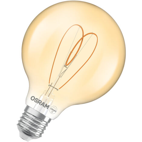OSRAM Vintage 1906 Globe est une blanc chaud à intensité variaben forme de bouclassique avec filament. Il offre 4,9 W pour 470 lm,E27, verre doré, diamètre 95 mm, 2200 K, EEK F. (1/4)
