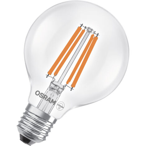 OSRAM en forme de globe classique, avec filament LED décoratif, classe d'efficacité énergétique A, E27, 5 W, 1055 lm, 2700 K, blanc chaud. Sans échauffement, 100% d'éclairage immédiat. (1/4)
