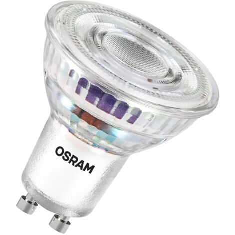 OSRAM LED à réflecteur de classe énergétique PAR16 de 1,3 W, 240 lm, blanc chaud (2700 K) en verre transparent sans plomb avec culot GU10 de classe d'efficacité énergétique A, diamètre 50 mm, IP20. (1/4)