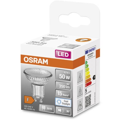 OSRAM LED Star PAR16 Ampoule réflecteur 50 LED avec angle de faisceau de 36 degrés, culot GU10, blanc lumière du jour (6500K), en remplacement des ampoules classiques 50W, 1-pack