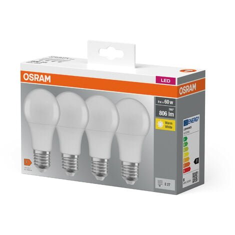 4x Osram Ampoule LED Base Classic A, sous forme de piston avec prise E27,  non grasable, remplace 60 watts, mat, blanc chaud, blanc chaud - 2700 kelvin