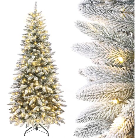 Künstlicher Weihnachtsbaum Slim 180cm mit Beleuchtung LED Tannenbaum für Weihnachten-Dekoration, Schneebeflockt, Schmal, Weiß