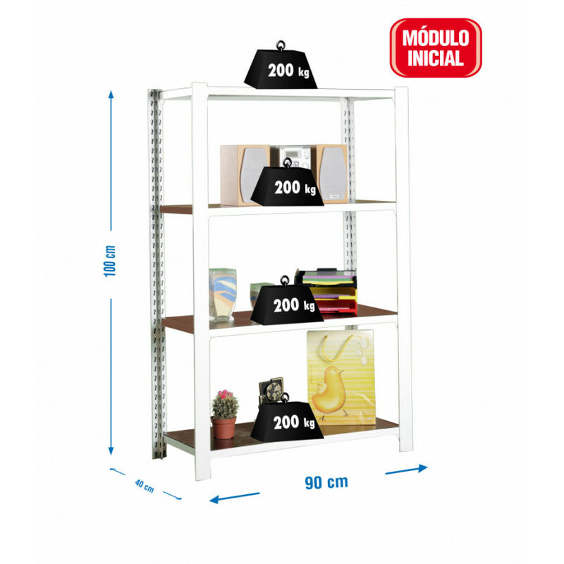 Estantería metálica 150X90X40cm. blanca/wengue 200Kg P/B Mad 4 baldas