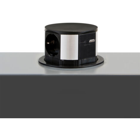 Emuca Multiconnettore Vertikal Push diametro 100mm, 3 spine di tipo Schuko, 1 USB tipo A, 1 USB tipo C, Acciaio e Tecnoplastica, Verniciato nero
