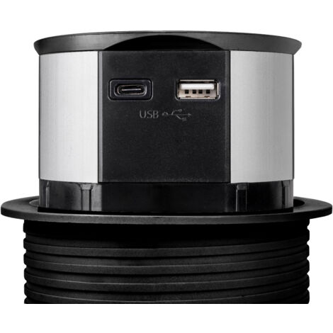 Emuca Multiconnettore Vertikal Push diametro 100mm, 3 spine di tipo Schuko, 1 USB tipo A, 1 USB tipo C, Acciaio e Tecnoplastica, Verniciato nero