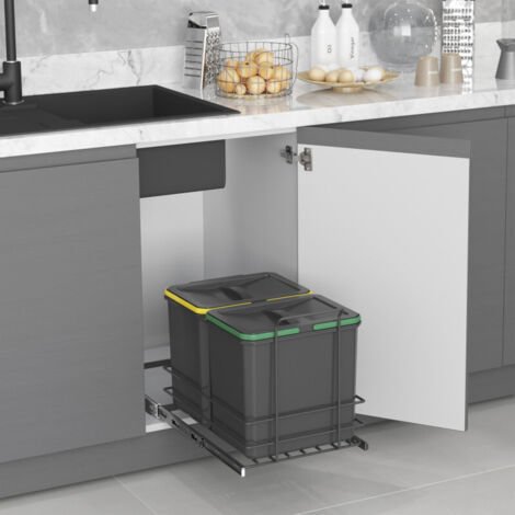 Emuca Pattumiera per differenziata Recycle da cucina, 2 x 16 L, fissaggio sul fondo ed estrazione manuale, Tecnoplastica grigio antracite (1/5)