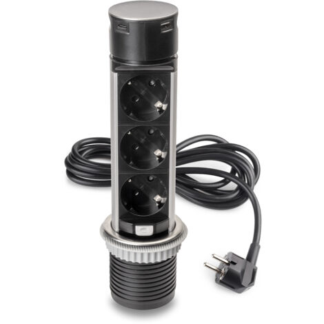 Emuca Multiconnettore estraibile Vertikal Push 60, diametro 60 mm, 3 prese Schuko, 1 USB tipo A, 1 USB tipo C, Acciaio e Tecnoplastica, Acciaio inossidabile