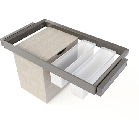 Emuca Kit 2 vassoio ausiliario, 1 cesto portabiancheria e telaio regolabile Quartz per armadi, chiusura ammortizzata e estrazione totale, modulo 90 cm, finitura Titanio
