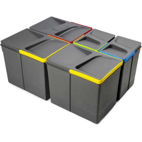 Emuca Contenitori per cassetti da cucina Recycle con coperchio anti-odore, Altezza 266, 3x15 lt, 2x7 lt, Grigio antracite Tecnoplastica