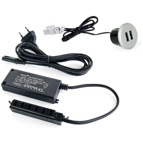 Emuca Kit di connettori di ricarica USB Plugy, include convertitore e 2 USB tipo A, diametro 25 mm, Tecnoplastica, Grigio metallizzata (1/5)