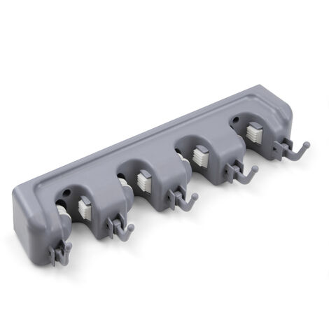 Supporto in plastica con ganci per utensili di pulizia 330 x 62 mm, 5 ganci, 4 fori, grigio (1/6)
