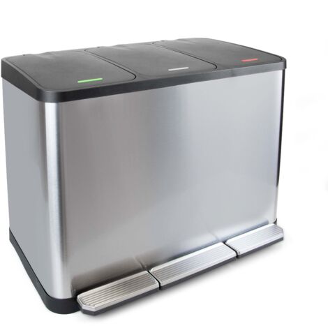 Emuca Recycle Inox, contenitore per la raccolta differenziata da esterno con scomparti, apertura del coperchio a pedale, 3x15 lt, Acciaio inossidabile