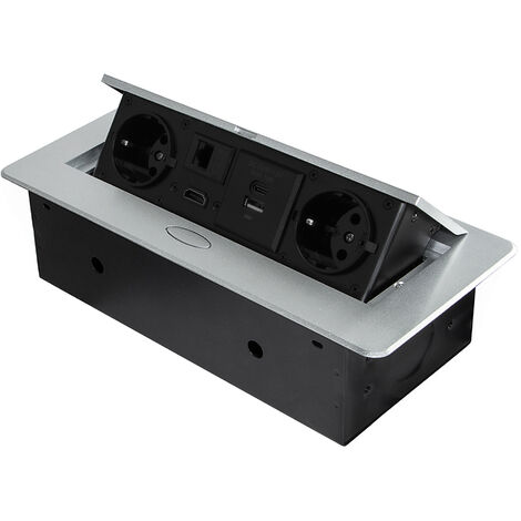 Emuca Multiconnettore Atom 26, 225x111mm, 2 prese Schuko, 1 USB tipo A, 1 USB tipo C, 1 RJ45, 1 HDMI, Zama-Acciaio-Plastica, Grigio metallizzata