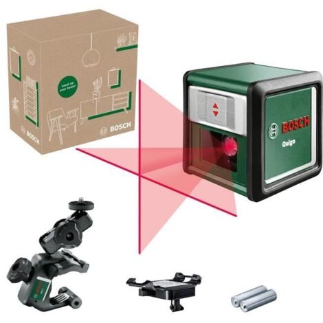 Bosch Kreuzlinienlaser Quigo mit Universalklemme MM 2 (einfaches und präzises Ausrichten mit flexibler Positionierung des Tools dank Klemme, im E-Commerce Karton)