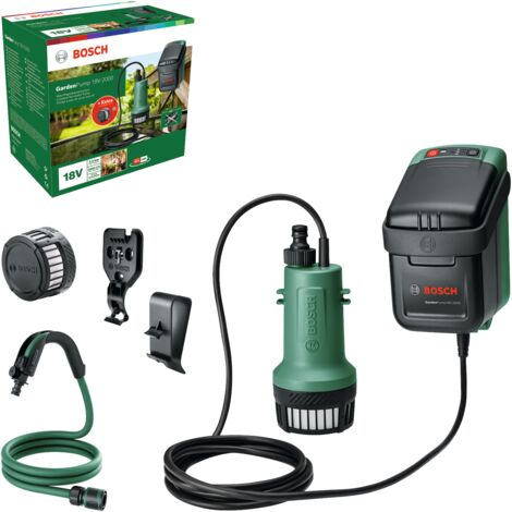 Bosch Akku-Regenwasserpumpe GardenPump 18V-2000 (ohne Akku, 18 Volt System, max. Durchfluss 2000 l/h, bis zu 30min Laufzeit, inkl. Wandhalterung)