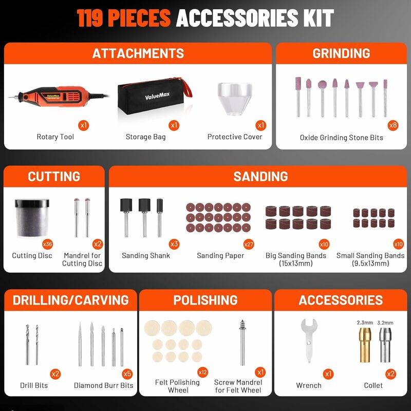 Outil Rotatif 257 Accessoires Fileeyn - 6 Vitesses 5000-30000 Tr/min Pour Découpe, Ponçage, Gravure