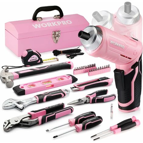 Workpro – Caisse à outils complète rose 73 pièces – Tournevis sans fil 3,7V – Acier Cr-V résistant à la corrosion – Boîte en fer portable