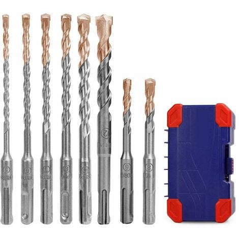 WORKPRO Forets à Béton SDS-Plus 8 Pièces, Forets Professionnels avec Trépan en Carbure, Boîte de Rangement pour Perçage sur Béton, Brique, Pièrre, Ciment