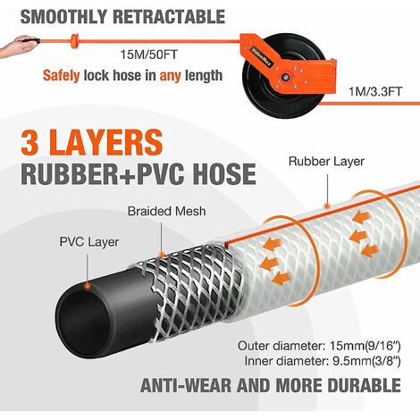 ValueMax Enrouleur de Tuyau d'Air Comprimé de 20Bar/300PSI, Tuyau 15M, Raccord en Laiton 1/4" BSPT, Dévidoir de Tuyau d'Air avec Rétractation Automatique, Verrouillage à Toute Longeur - en Métal