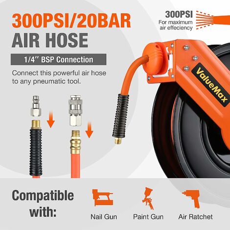 ValueMax Enrouleur de Tuyau d'Air Comprimé de 20Bar/300PSI, Tuyau 15M, Raccord en Laiton 1/4" BSPT, Dévidoir de Tuyau d'Air avec Rétractation Automatique, Verrouillage à Toute Longeur - en Métal