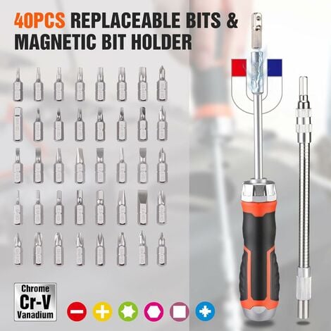 ValueMax Coffret Tournevis à Cliquet Magnétique 43 Pièces, Tournevis Porte-Embouts à Cliquet Bi-Matière avec 40 Embouts en Cr-V Remplaçables et Adaptateur