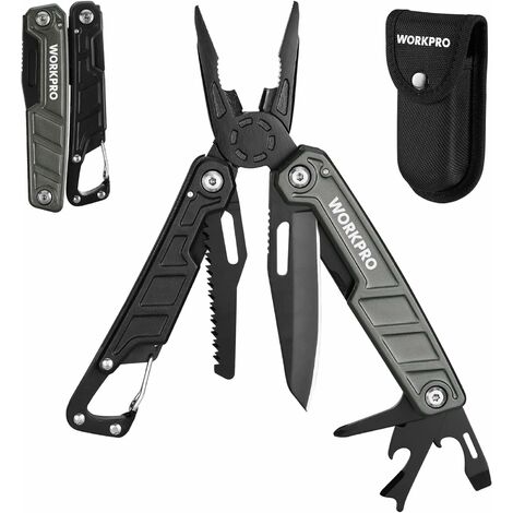WORKPRO Pince Multifonction en Acier Inoxydable 11 en 1 avec Mousqueton, Couteau Multifonction avec Etui Pince Scie Tournevis Ouvre-Boîte pour Survie Camping Randonnée (Vert Foncé et Noir)