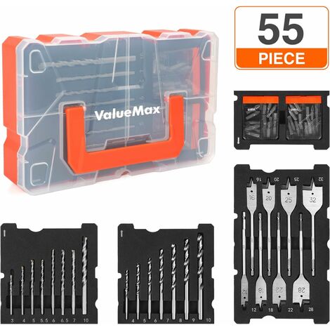 ValueMax Coffrets de Forets 55 Pièces, Comprend Forets à Béton, Forets Métal, Mèche à Bois Plate et Embouts de Tournevis et Boîte de Rangement