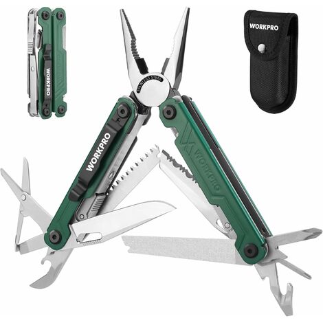 WORKPRO Pince Multifonction en Acier Inoxydable 18 en 1, Outil Multifonction avec Sac, Multitool Couteau Pince Scie Tournevis Ouvre-Boîte pour Extérieur, Camping, Randonnée, Réparation (Vert)
