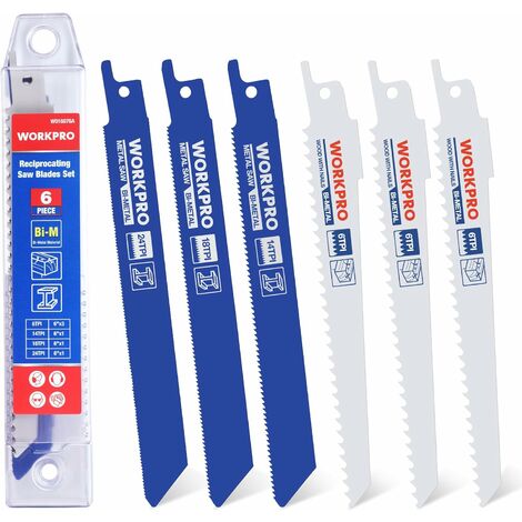 Workpro – Lames de scie sabre bimétalliques 6 pièces – 14/18/24/6 TPI – Pour bois, métal et plastique – Boîte de rangement incluse