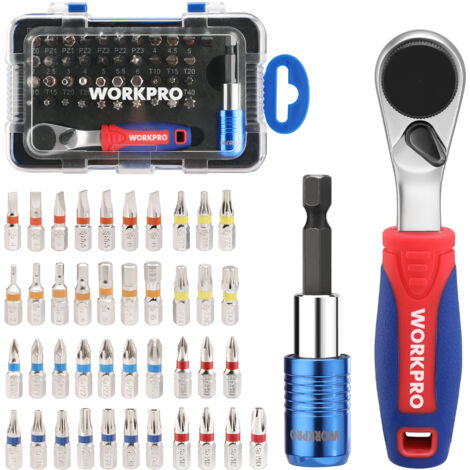 Workpro – Coffret cliquet et douilles 1/4" réversible 60 dents – 41 embouts colorés – Porte-embout à changement rapide – Pour espaces restreints