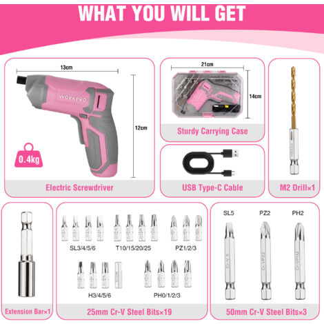 Perceuse Visseuse Sans Fil 3.6V 6Nm WORKPRO - 21 Embouts, Batterie 2000mAh, Lumière LED, Idéale Bricolage