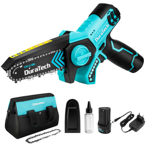 Tronçonneuse à batterie 12V – 5 pouces – 2 batteries 2.0Ah – Poids léger 1,25 kg – Vitesse de chaîne 6,7 m/s – Coupe rapide bois jusqu'à 125 mm – Duratech (1/5)