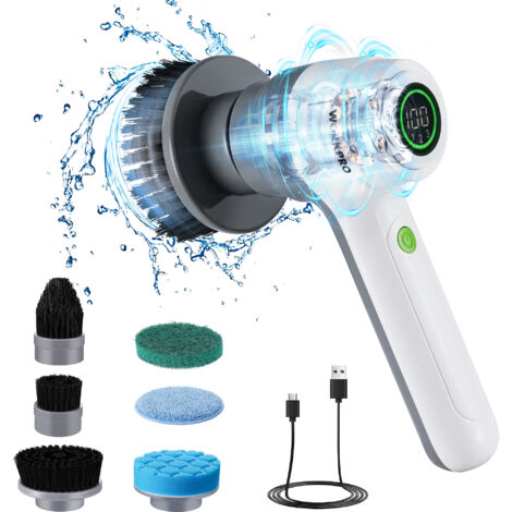 WORKPRO Brosse de Nettoyage Rotative avec 6 Brosses, Brosse sans Fil 8V avec 3 Vitesses de Réglage, 200/350/500 tr/min, IPX6, Brosse Électrique Rechargeable pour Salles de bains, Cuisines et Fenêtres