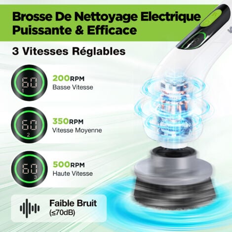 WORKPRO Brosse de Nettoyage Électrique Rotative, Brosse de Nettoyage sans Fil Rechargeable avec 8 Brosses Remplaçables, Poignée Extensible 30 à 120 cm, 3 Vitesses Réglages, IPX6, pour Salles de Bains