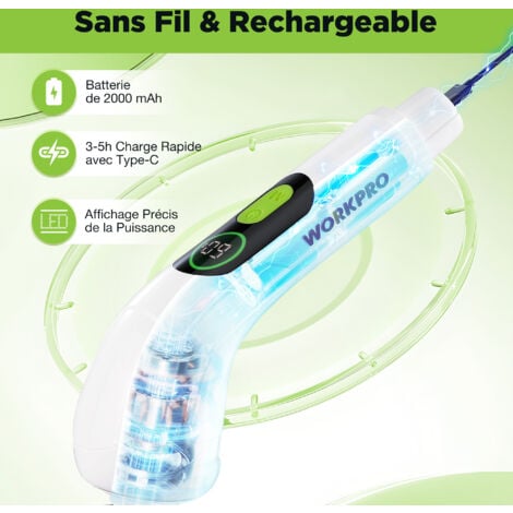 WORKPRO Brosse de Nettoyage Électrique Rotative, Brosse de Nettoyage sans Fil Rechargeable avec 8 Brosses Remplaçables, Poignée Extensible 30 à 120 cm, 3 Vitesses Réglages, IPX6, pour Salles de Bains
