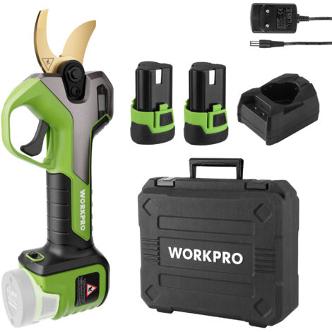 Workpro – Sécateur électrique sans fil 12V – Moteur Brushless – 2 batteries 2.0Ah – Lame acier SK5 pour coupes jusqu'à 25mm – Ergonomique et léger