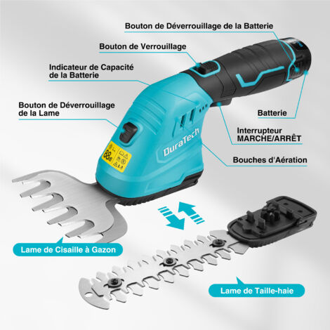 WORKPRO Cisaille Sculpte-Haie Et Taille-Herbes Sans Fil 7.2V - 2 Lames, Batterie 1500mAh, Léger Et Sécuritaire