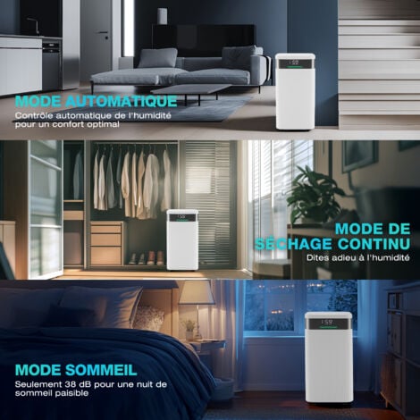 HAUSHOF Déshumidificateur d'Air Electrique 12L/Jour, Déshumidificateur Anti Moisissure Portable Silencieux 38dB, Minuterie 24h, 3 Modes (Automatique, Séchage Continu, Sommeil) pour Chambre, Cave