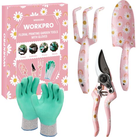 Ensemble Outils De Jardinage WORKPRO 4 Pièces - Acier Inoxydable Avec Gants - Idéal Pour Entretien Et Cadeau