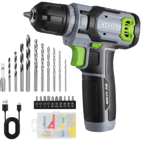Workpro – Perceuse-visseuse sans fil 8V – 53 accessoires – Mandrin 10mm – Lumière LED – Chargeur Type C – Pour perçage bois et métal
