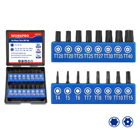 Workpro – Jeu de 16 embouts Torx S2 25mm – Tige hexagonale universelle 1/4'' – Pointes magnétiques pour vissage efficace – Étui de rangement inclus