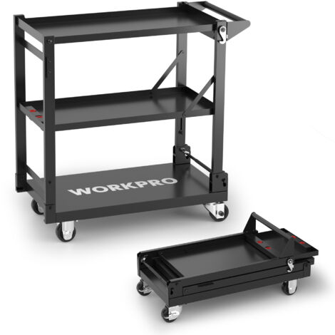 Workpro – Chariot à roulettes 3 en 1 – Chariot utilitaire pliable avec 3 niveaux de rangement – Capacité 96 kg – Roues pivotantes pour surfaces variées