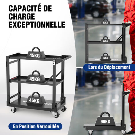 Chariot D'atelier Servante Atelier à 3 Niveaux, Poignée Latérale Et Roulettes Verrouillables, 70