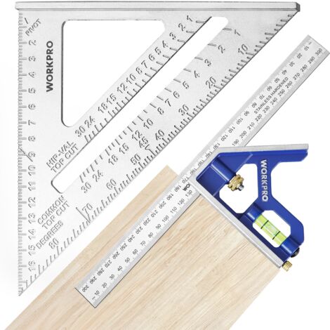 Workpro – Équerre combinée 300 mm et équerre triangulaire 180 mm – Acier inoxydable – Niveau à bulle intégré – Pour menuiserie et charpente