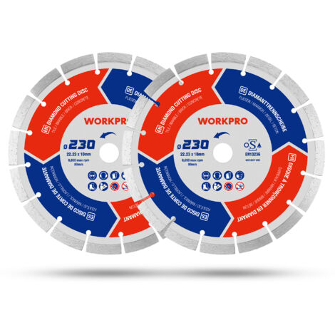 WORKPRO Lot de 2 Disques à Tronçonner Diamantés 230 mm, pour Carrelage, Béton, Pierre, Brique, Granit, Marbre, Meuleuse