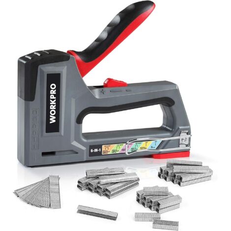 Workpro – Agrafeuse-cloueuse manuelle 6 en 1 – Compatible agrafes 6-14 mm – Réglage double puissance pour bois dur – 4000 agrafes incluses